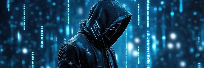 Poster - Hooded Figure in a Digital Matrix of Blue Light