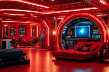 Futuristic red room with a circular door and a large screen showing a galaxy, with red neon lights and a comfortable red couch. Generated with AI.