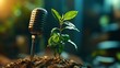 © ALEXSTUDIO - Vintage microphone is standing in fertile soil near a small plant, suggesting the power of communication in environmental protection