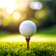 Close-up golf ball on tee with blur green bokeh background