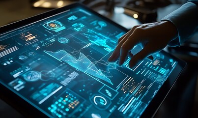 Wall Mural - hand interacting with a futuristic interface on a tablet