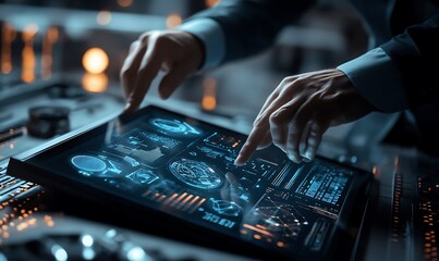 Wall Mural - close-up of a hand interacting with a futuristic tablet interface