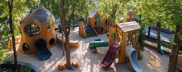 Wall Mural - Large modern playground sits empty in the midday sun, featuring wooden tree houses, slides and climbing equipment