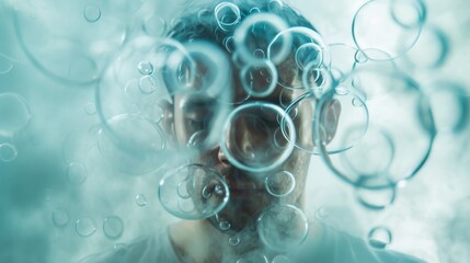 Wall Mural - A dreamlike portrait of a man with his face partly obscured by transparent, water-like bubbles, giving the image a surreal and introspective feel. The soft blue tones and overlapping circles create a