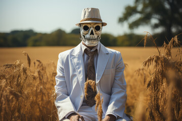 Poster - A doctor's white coat hanging on a scarecrow in a field. Concept of rural healthcare. Generative Ai.