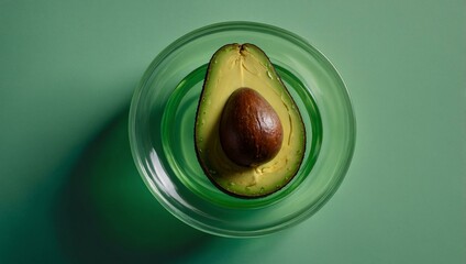 Fresh avocado slices on a petri dish with test tubes of clear liquid, set against a green backdrop, for cosmetic design.