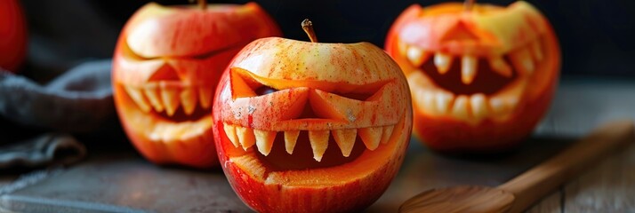 Wall Mural - Playful Halloween apples featuring carved teeth, offering a fun and healthy treat for kids during trick-or-treating.