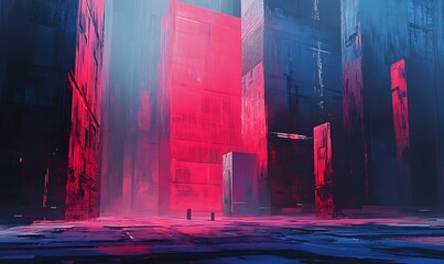 Wall Mural - Futuristic Cityscape with Red and Blue Buildings