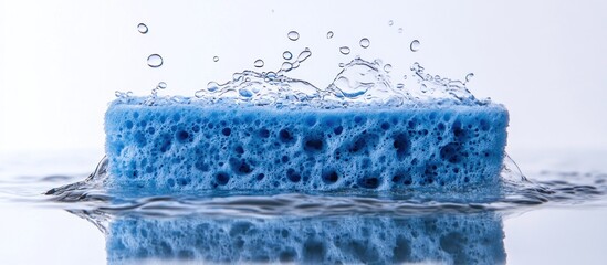 Blue Sponge in Water with Splashing Droplets