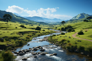 Poster - A gentle river winding through a picturesque valley. Concept of idyllic nature. Generative Ai.