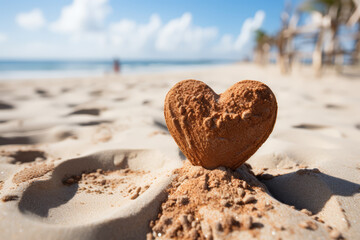 Sticker - A heart drawn in the sand on a beach. Concept of fleeting yet beautiful moments. Generative Ai.