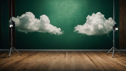 Wall Mural - Green backdrop featuring white clouds, wooden flooring, and lighting stands.