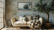 © Fotograf - Cozy living room with a couch and a tree in the corner