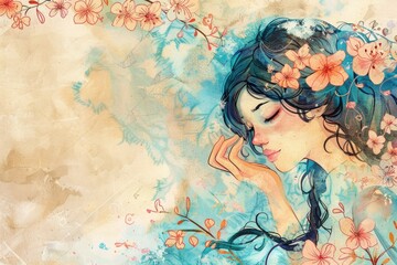 Wall Mural - A portrait of a woman with fresh flowers woven into her hair, possibly for a special occasion or as a symbol of joy