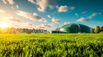 A modern biogas plant set within a vibrant green rural landscape under a sunny sky. The image highlights the harmony between advanced technology and nature, representing sustainable energy solutions