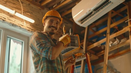 Wall Mural - A man wearing a hard hat holds a tool on a construction site