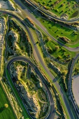 Wall Mural - Aerial view of a winding road with trees and hills in the distance