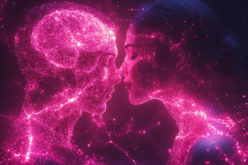 Poster - Collective cognition Mind Ethereal Digital Couple Embracing in Cosmic Neon Aura Symbolizing Love and Connectivity in the Universe