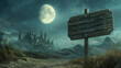 © Jess rodriguez - an empty wooden sign with the background of a castle and the full moon shining