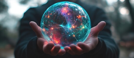 Canvas Print - A Gloved Hand Holding a Glowing Sphere with Network Connections