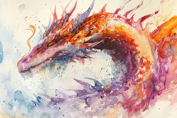 Wall Mural - A whimsical watercolor illustration of a vibrant dragon