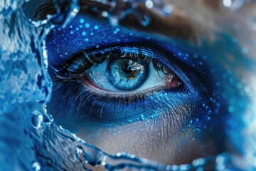 Wall Mural - A detailed view of a person's eye with bright blue eyeshadow and eyeliner