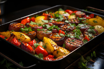 Canvas Print - A medley of roasted vegetables drizzled with balsamic glaze, a flavorful and nutritious snack option. Concept of roasted goodness. Generative Ai.