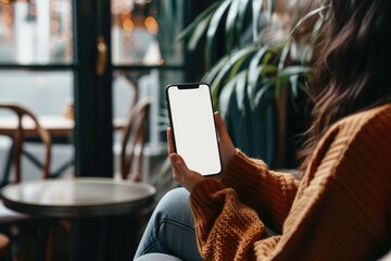 Wall Mural - A woman sits on a couch holding a cell phone, possibly checking messages or making a call