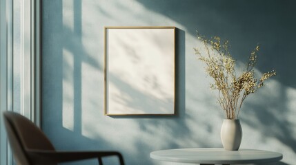 Wall Mural - Product shot of a sleek frame on a clean table in a brightly lit room with natural light