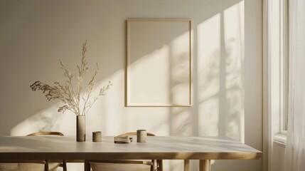 Wall Mural - Product shot of a sleek frame on a clean table in a brightly lit room with natural light
