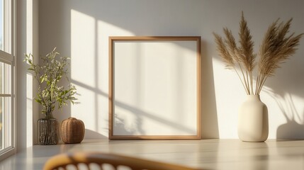 Wall Mural - Product shot of a sleek frame on a clean table in a brightly lit room with natural light