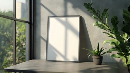 Elegant frame mockup on a modern table with sunlight streaming in from large windows