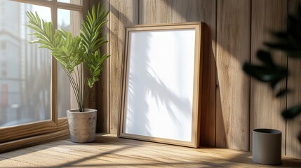 Wall Mural - Mockup of a minimalist frame placed on a wooden surface with natural light filtering in