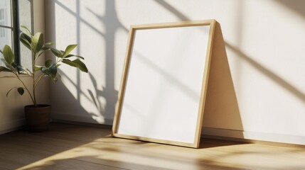 Wall Mural - Minimalist frame mockup leaning on a wooden surface in a brightly lit room with soft natural light