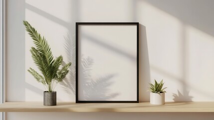 Wall Mural - 3d mockup of a sleek frame on a modern shelf in a bright room with natural light pouring in