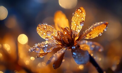 Sticker - Golden Leaf with Dewdrops and Bokeh Background