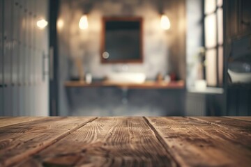 Sticker - A simple wooden table placed in front of a standard bathroom sink, ideal for placing toiletries or personal items