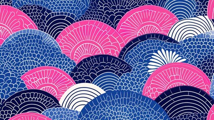 Wall Mural - Abstract Japanese-Inspired Pattern with Pink and Blue Semi-Circles