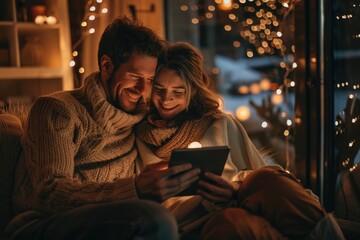 Sticker - A couple sitting on a couch looking at a tablet, possibly browsing the internet or watching a video