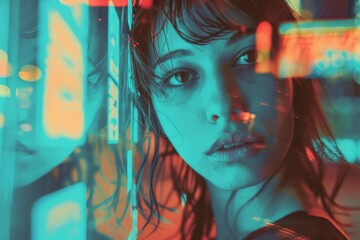 Sticker - A woman stands in front of a bright neon sign, illuminated at night