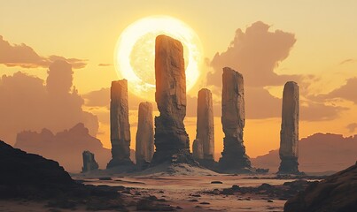 Poster - Tall Stone Pillars in a Desert Landscape Under a Large Sun