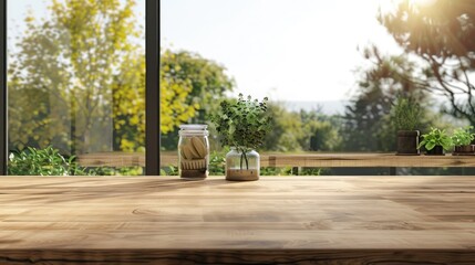 Sticker - Wooden countertop mock up with summer background and cozy ambiance.