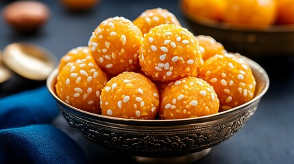 Wall Mural - Close up of Sweet Sesame Balls in Silver Bowl