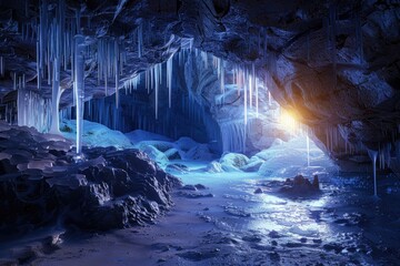 Canvas Print - A cold and dark cave covered in ice and icicles, suitable for winter or sci-fi scenes