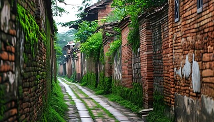 Wall Mural - A narrow street, lined with ancient brick walls and moss, shows the traces of time.