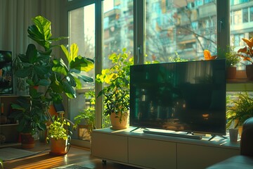 Wall Mural - Living Room with Greenery and a Television