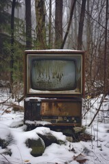 Poster - An old television set on top of a snowy heap, great for winter or retro-themed contexts