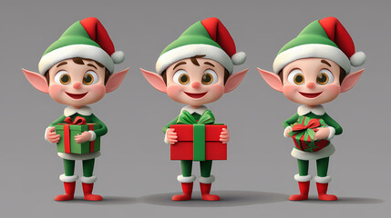 Wall Mural - Set of christmas elf 3d character isolated on transparent background. smiling elf. happy elf with gift box. Elf. Illustration