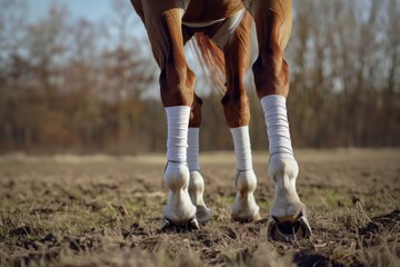 Wall Mural - A close-up shot of a horse's legs standing in a green field