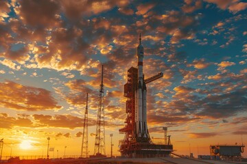 Wall Mural - a futuristic space station with a rocket launchpad on top, suitable for sci-fi and technology illust